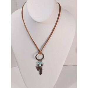 Just For You Leather Brass Tone Arrow Feather Charm Necklace